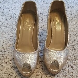 Yves Saint Laurent Women's Gold Peep Toe Heels,size 37 1/2